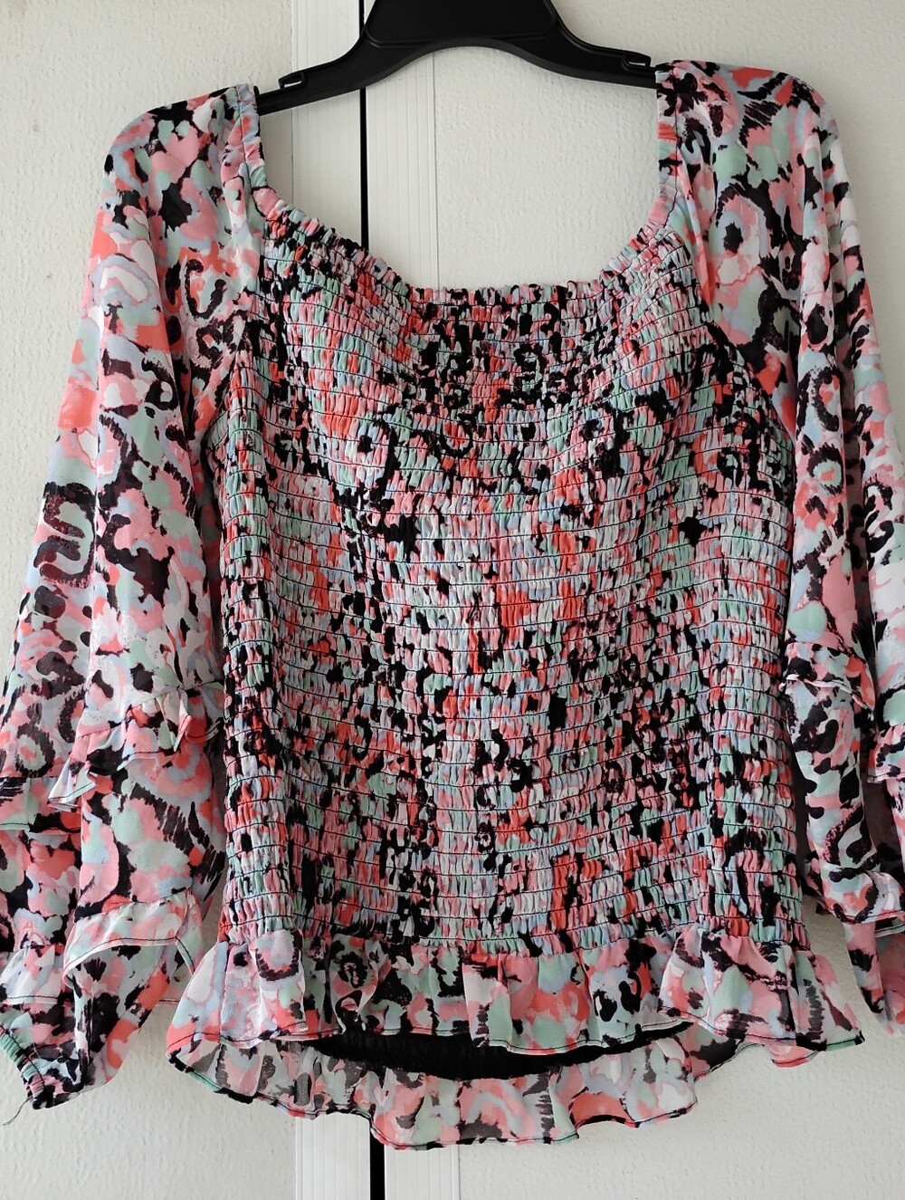 Smocked Square-Neck Women’s Top in Pink Multi